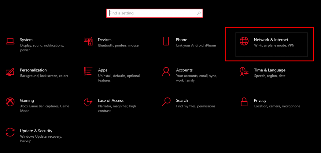 Network & Internet Windows setting.